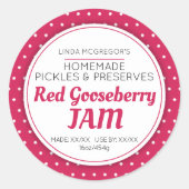 Rode kruisbessenjam bewaart voedselkruik ronde sticker (Voorkant)