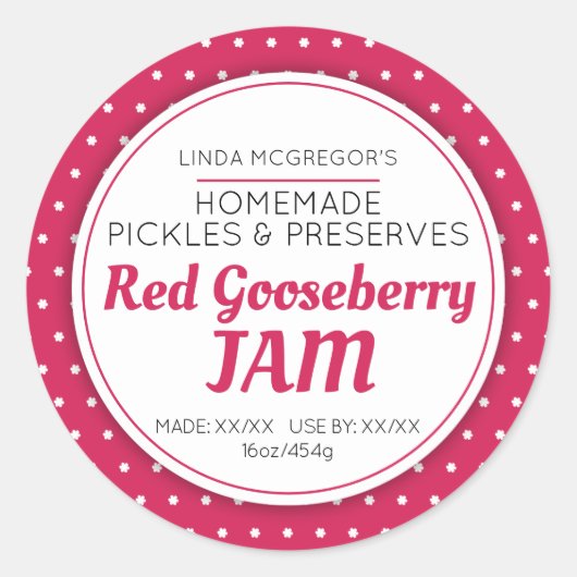 Rode kruisbessenjam bewaart voedselkruik ronde sticker (Voorkant)