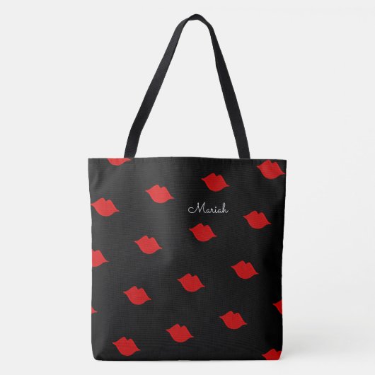 Rode kussen met jouw naam op zwart tote bag (Voorkant)