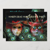 RODE LADY EN JESTER MASK MET PEACOCK FEATHEREN KAART (Voorkant / Achterkant)