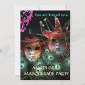 RODE LADY EN JESTER MASK MET PEACOCK FEATHEREN KAART (Voorkant)