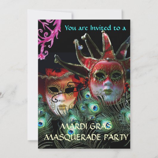 RODE LADY EN JESTER MASK MET PEACOCK FEATHEREN KAART (Voorkant)