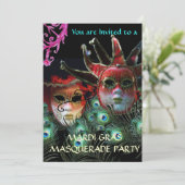 RODE LADY EN JESTER MASK MET PEACOCK FEATHEREN KAART (Staand voorkant)