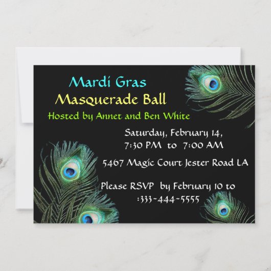 RODE LADY EN JESTER MASK MET PEACOCK FEATHEREN KAART (Achterkant)