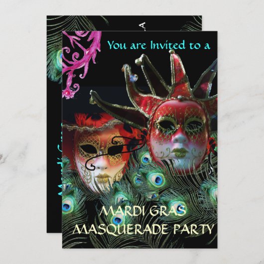 RODE LADY EN JESTER MASK MET PEACOCK FEATHEREN KAART (Voorkant / Achterkant)