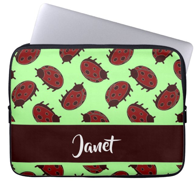 Rode ladybugs op groen laptop sleeve (Voorkant)