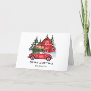 Rode Land Rover Kerstboom Schuur Sneeuw Feestdagen Kaart