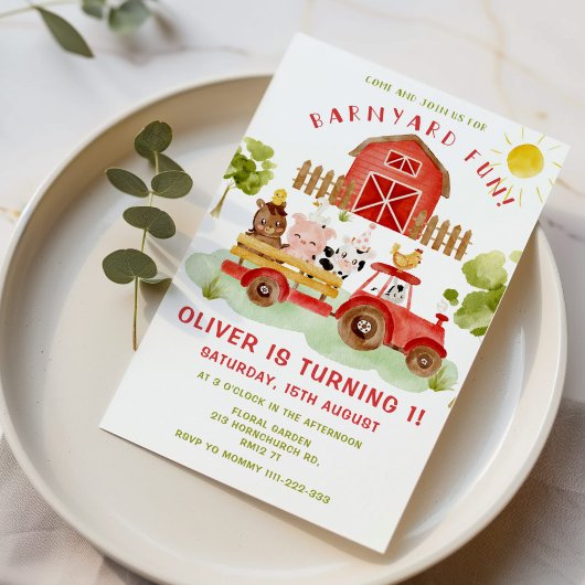 Rode landbouwhuisdieren eerste verjaardag Uitnodig Kaart