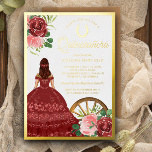 Rode landelijke bloemjurk Charro Quinceanera Goud Folie Uitnodiging