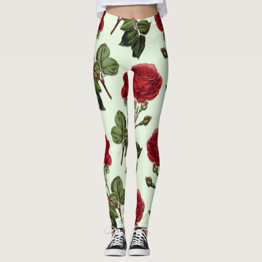 Rode Lange Stampatroon Roos Groene Achtergrond Leggings (Voorkant)