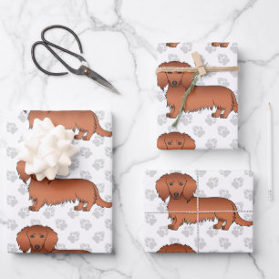 Rode Langharige Dachshond Cartoon Hond Patroon & P Inpakpapier Vel