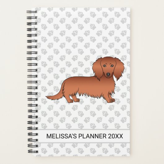 Rode Langharige Dachshond Cartoon Hond & Tekst Planner (Voorkant)