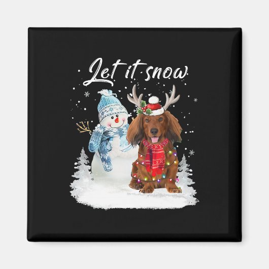 Rode langharige teckel Santa Dog Kerstsneeuw Magneet (Voorkant)