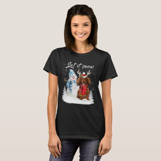 Rode langharige teckel Santa Dog Kerstsneeuw T-shirt (Voorkant volledig)