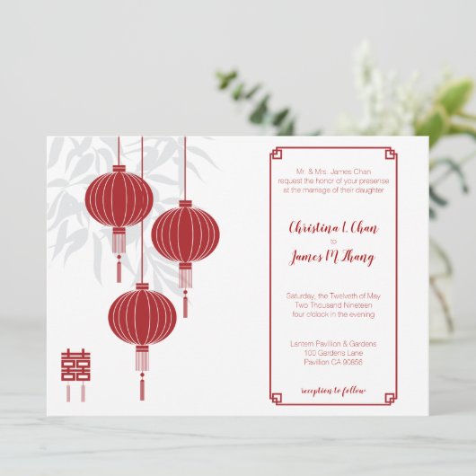 Rode Lantaarn Dubbel Geluk Chinese Huwelijk Kaart (Staand voorkant)