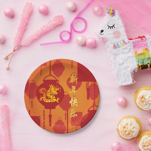 Rode Lantaarns Chinese Draak Nieuwjaar PPP Papieren Bordje (Feest)