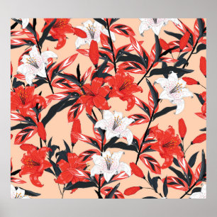 Rode Lelie: botanisch patroon. Poster
