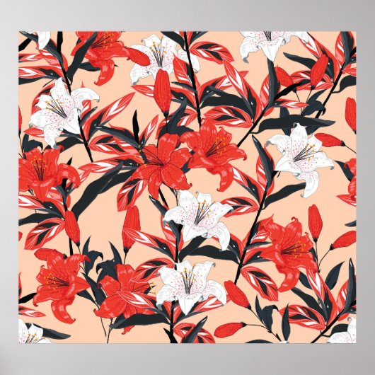 Rode Lelie: botanisch patroon. Poster (Voorkant)