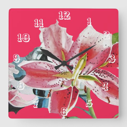 Rode Lelie Lelies Waterverf Bloem Kunst Bloem Vierkante Klok (Voorkant)