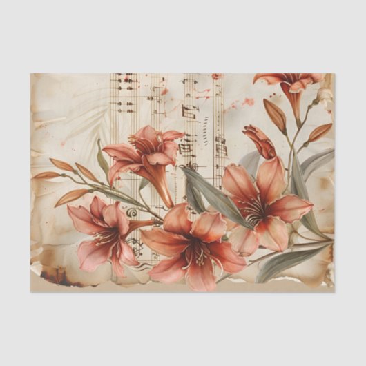 Rode lelies bloemenblad muziek ephemera tissuepapier (Voorkant)