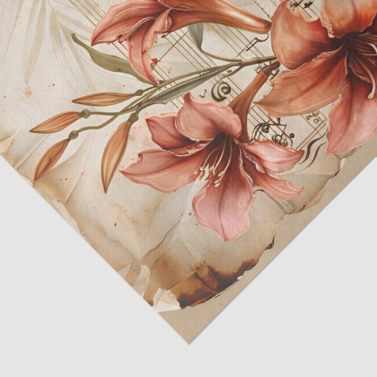 Rode lelies bloemenblad muziek ephemera tissuepapier (Detail)