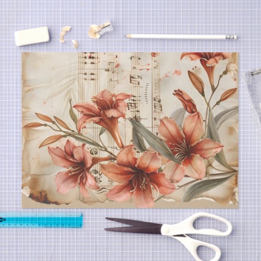Rode lelies bloemenblad muziek ephemera tissuepapier (Craft)
