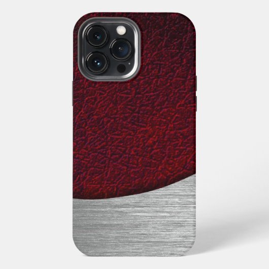 Rode leren en geborsteld stalen print iPhone hoesje (Achterkant)