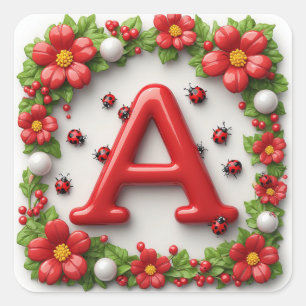 🐞 Rode Letter A met Lieveheersbeestjes Klaprozen Vierkante Sticker