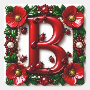 🐞 Rode Letter B Lieveheersbeestjes Papavers Parel Vierkante Sticker
