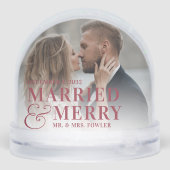 Rode Lettering Getrouwd & Vrolijk Trouwfoto Sneeuwbol (Achterkant)