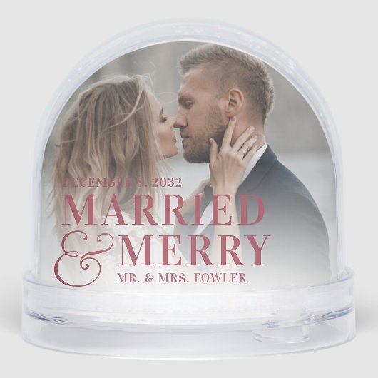 Rode Lettering Getrouwd & Vrolijk Trouwfoto Sneeuwbol (Achterkant)