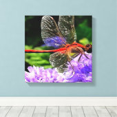 Rode libel op Violet Purple Flowers Canvas Afdruk (Insitu (Houten vloer))