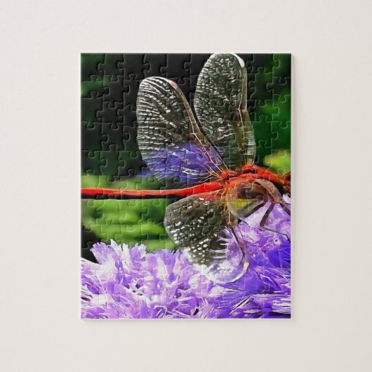Rode libel op Violet Purple Flowers Legpuzzel (Verticaal)