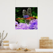 Rode libel op Violet Purple Flowers Poster (Keuken)