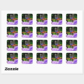 Rode libel op Violet Purple Flowers Vierkante Sticker (Vel)