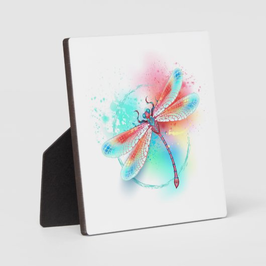 Rode libel op waterverf achtergrond fotoplaat (Voorkant)