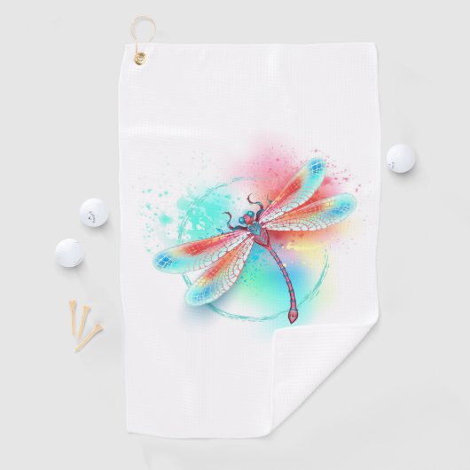 Rode libel op waterverf achtergrond golfhanddoek (Insitu)