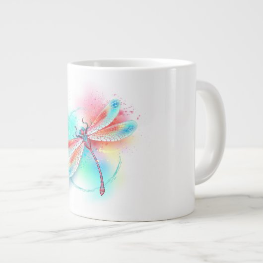 Rode libel op waterverf achtergrond grote koffiekop (Voorkant rechts)