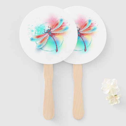 Rode libel op waterverf achtergrond handwaaier (Voorkant en achterkant)