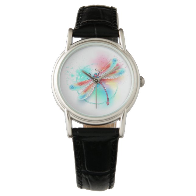 Rode libel op waterverf achtergrond horloge (Voorkant)
