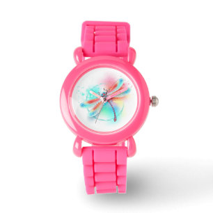 Rode libel op waterverf achtergrond horloge