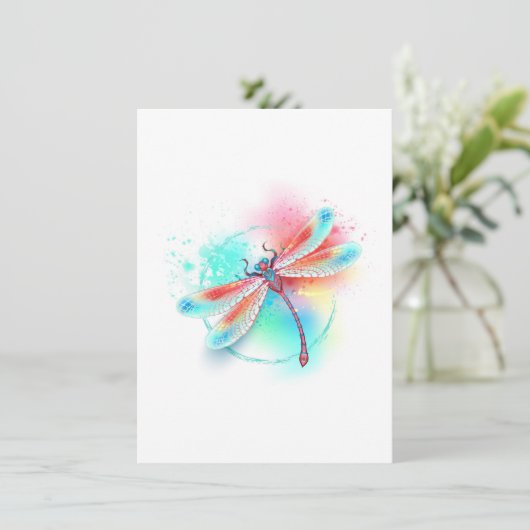 Rode libel op waterverf achtergrond informatiekaartje (Staand voorkant)