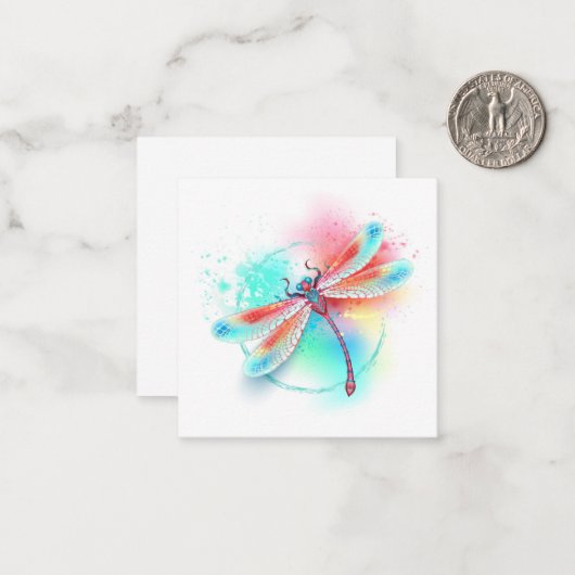 Rode libel op waterverf achtergrond notitiekaartje (Voorkant / Achterkant in situ)