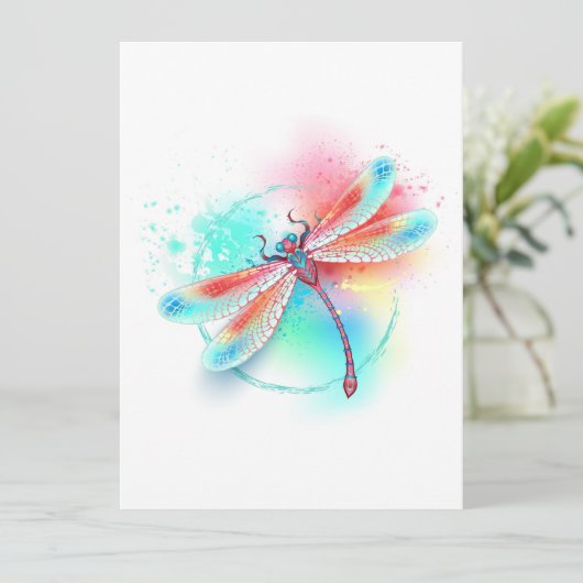 Rode libel op waterverf achtergrond programmakaart (Staand voorkant)