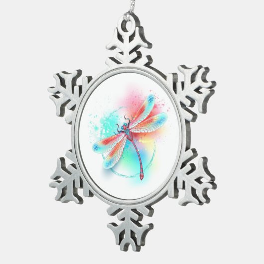 Rode libel op waterverf achtergrond tin sneeuwvlok ornament (Rechts)