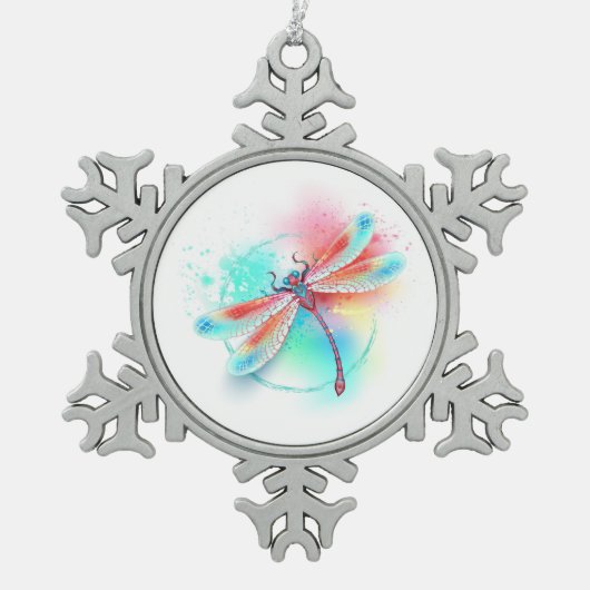 Rode libel op waterverf achtergrond tin sneeuwvlok ornament (Voorkant)