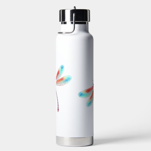 Rode libel op waterverf achtergrond waterfles (Rechts)