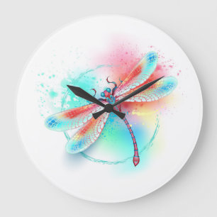 Rode libellen op waterverf achtergrond grote klok