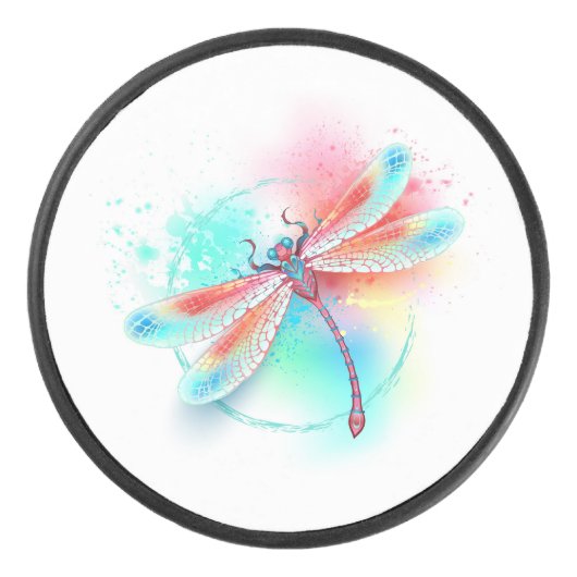 Rode libellen op waterverf achtergrond hockey puck (Voorkant)