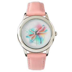Rode libellen op waterverf achtergrond horloge